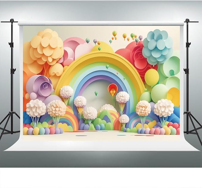 YongFoto Paper Flowers Backdrop 8x6.5ft Colorful Cut Paper Floral Blossom Rainbow Arch Hot Air Balloon Honeycomb Ball Photography Background Lovely Party Banner Home Decor Photo Studio Booth Props