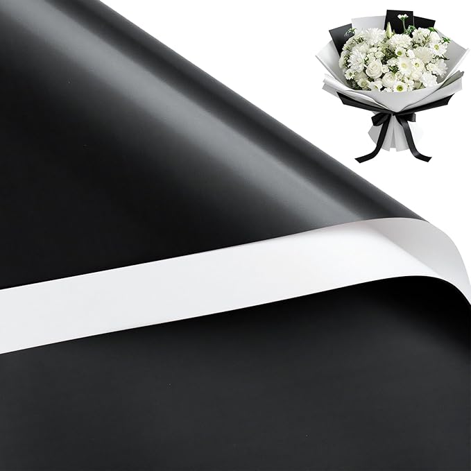 WRAPAHOLIC 20 Sheets Flower Wrapping Paper - 22.4 x 22.4 inch Black White Color Water-Resistant Floral Bouquet Wrapping Paper, Florist Supplies Packaging for Halloween Wedding Birthday Gift DIY