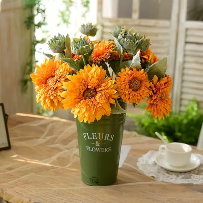 Kimura's Cabin 5Pcs Fake Sunflowers Flowers Long Stems Faux Sunflower Flowers Artificial Silk Bouquet for Wedding Autumn Home Garden Birthday Party Kitchen Table Decor (Orange Yellow)