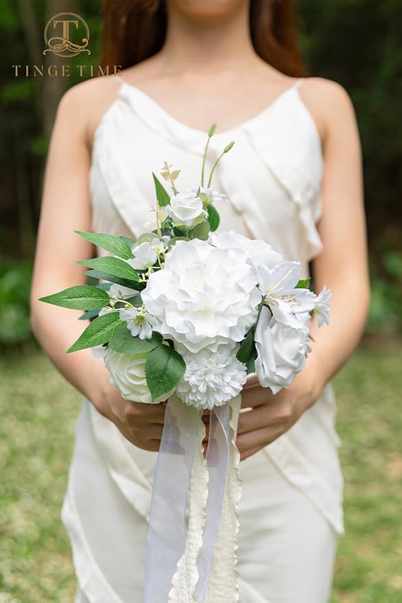 TINGE TIME 7" Bridesmaid Bouquet Set of 4, Wedding Bouquets for Bridesmaid, Perfect for Wedding Bouquets for Bride, Ideal for Bridal Shower, Rehearsal Dinner, Vintage Party (IvoryWhite)