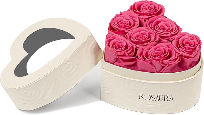 Rosaura Heart-Shaped Preserved Roses Gift Box - Real Forever Flowers for Christmas, Birthday, Valentine's & Mother's Day (Pink, 7 Roses)