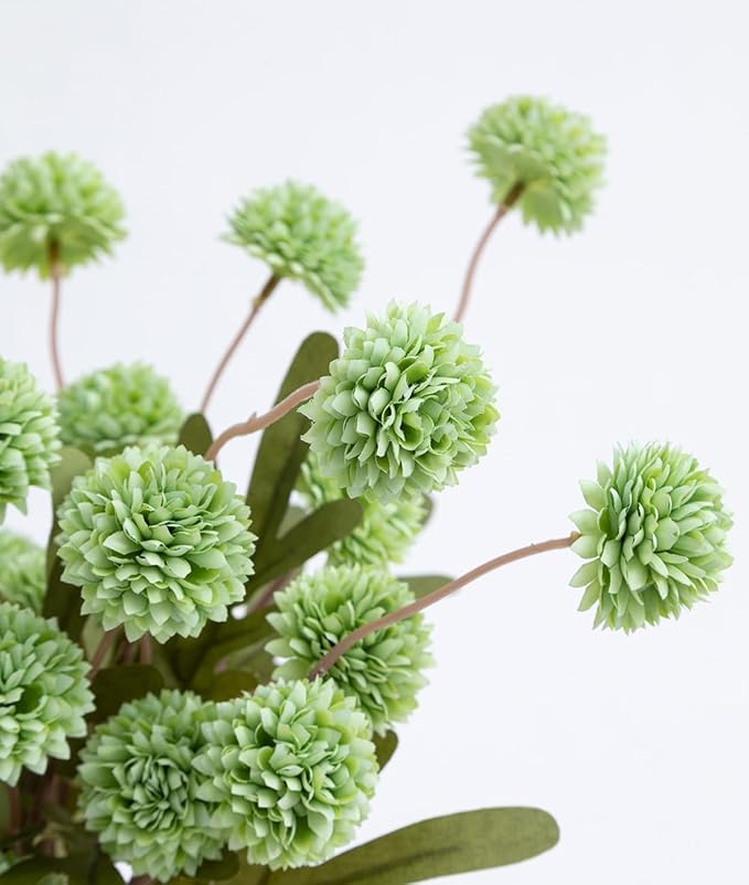 Laelfe Fall Flowers Artificial Pompon Mum, 5Pcs Fake Kiku Flowers Silk Small Mini Chrysanthemum Ball Faux Mum Decor for Autumn Filler DIY Bouquet Centerpieces Arrangements Shower (Green)