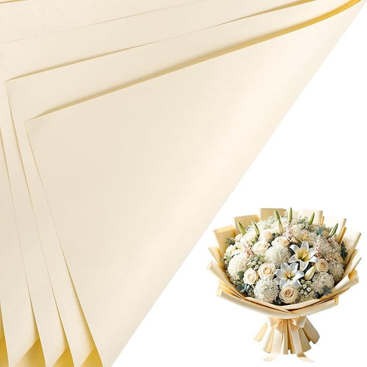 LeZakaa 20 Sheets Flower Wrapping Paper - Waterproof Reversible Floral Bouquet Paper - Cream Yellow Design for Valentine's Day, Mother's Day, Parties, Birthdays, Weddings, Baby Shower
