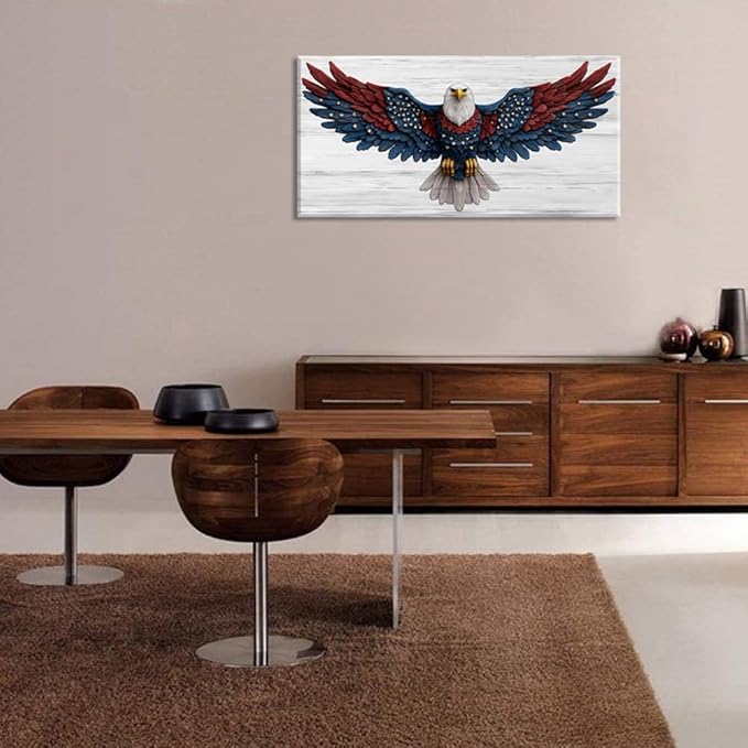 Bald Eagle Canvas Wall Art American Eagle Wall Décor -American Bald Red Blue Flag Canvas Wall Art Usa Independence Day Prints Painting Ready to Hang for Living Room, Bedroom, Office, Dorm 46L" x 23W"