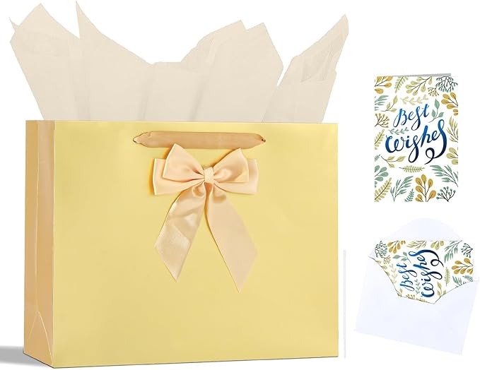Bloomwords 13" Gold Gift Bag Set - 1 Large Paper Bag with Bow, Greeting Card & 2 Tissues, Sturdy Handles for Birthdays, Party & Special Occasions