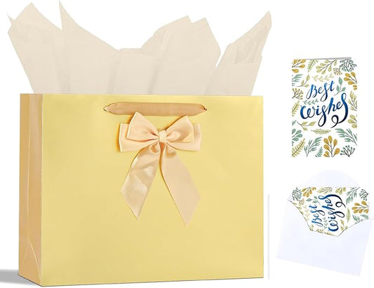 Bloomwords 13" Gold Gift Bag Set - 1 Large Paper Bag with Bow, Greeting Card & 2 Tissues, Sturdy Handles for Birthdays, Party & Special Occasions