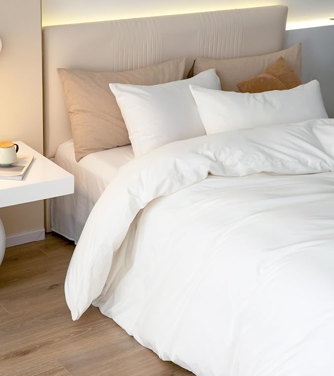JIYUAN 100% Washed Cotton Duvet Cover Set 3 PCS Oversized King Plus, 1 Duvet Cover 128"x120"(Comforter Not Included) and 2 Pillowcases,Linen Feel Bedding Set Comfy and Breathable,Bright White