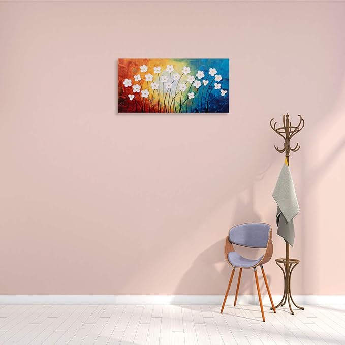 Yihui Arts Hand Painted Textured Flower Oil Painting on Canvas - Colorful Abstract White Floral Artwork for Home Decor, Modern Wall Art for Living Room, Bedroom, Office