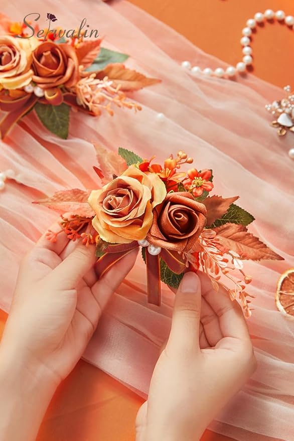 Serwalin Set of 2 Boutonniere for Men, 6-7 Inch Corsage Groom and Best Man Boutonnieres for Wedding Prom Ceremony Anniversary Party Cake Topper (Orange)