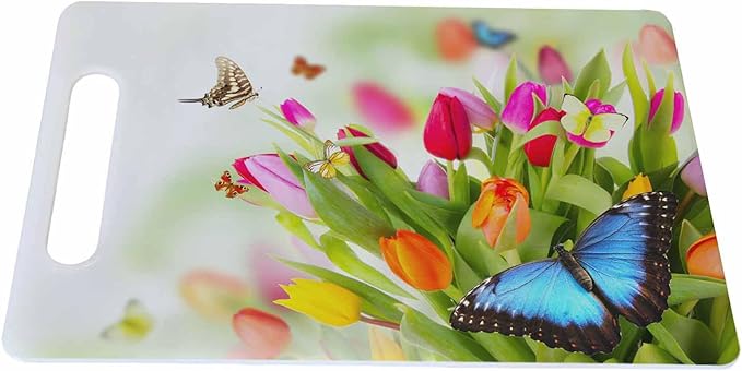 Tulips Bouquet Cutting Board with Handles Beautiful Butterflies Colorful Cutting Boards Plastic Safe Chopping Board for Kitchen 16" x 10" x 0.24"