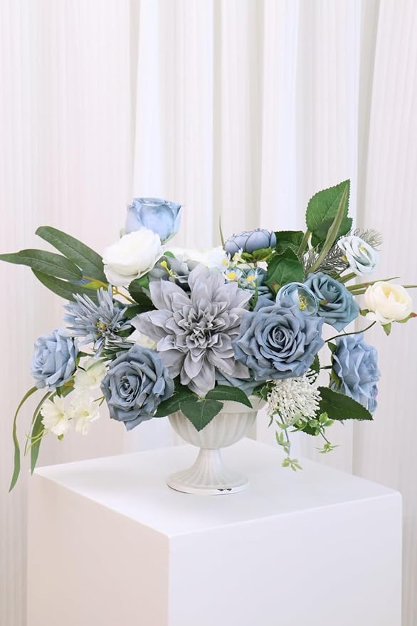 Artificial Flower Combination Box Set Artificial Flower Loose Leaves and Stems DIY Wedding Center Bouquet Bride Wedding Baby Shower(Grey White Blue)