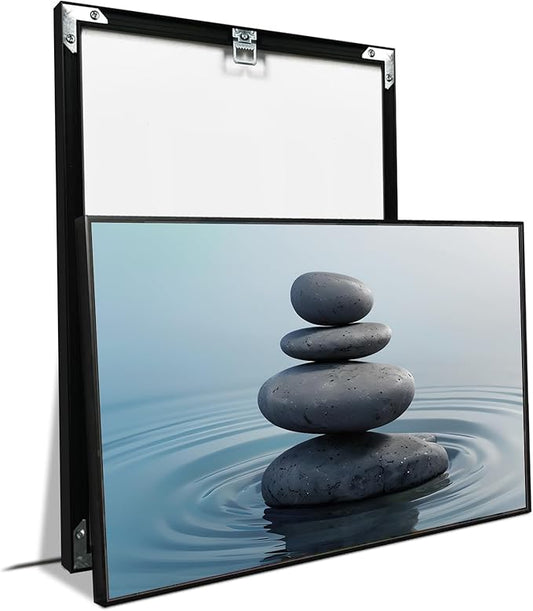 Zen wall art Harmonious grey stones stacked on a calm surface of water Serene Zen decor suitable for tranquil homes and spaces of meditation 8x12in Metal blackFramed