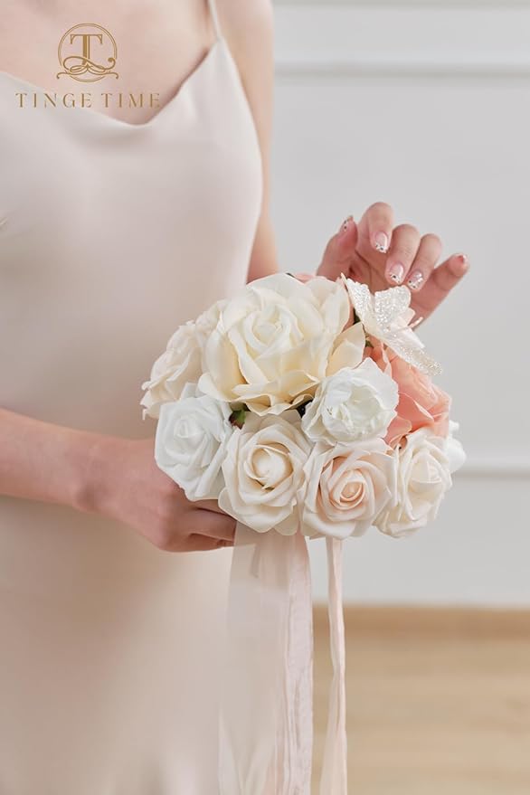 TINGE TIME Bridesmaid Bouquets for Wedding Set of 4 7 Inch Champange & Pink Wedding Bouquets Artificial Silk Flowers Bridal Bouquets for Bridesmaids, Wedding Decor, Anniversary, Party