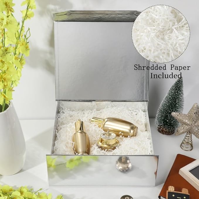 6 Pcs Silver Gift Box Large 13x11x5.3 Inch Silver Large Gift Box with Crinkle Paper Magnetic Box with Shredded Paper Luxury Gift Boxes with Lids for Presents