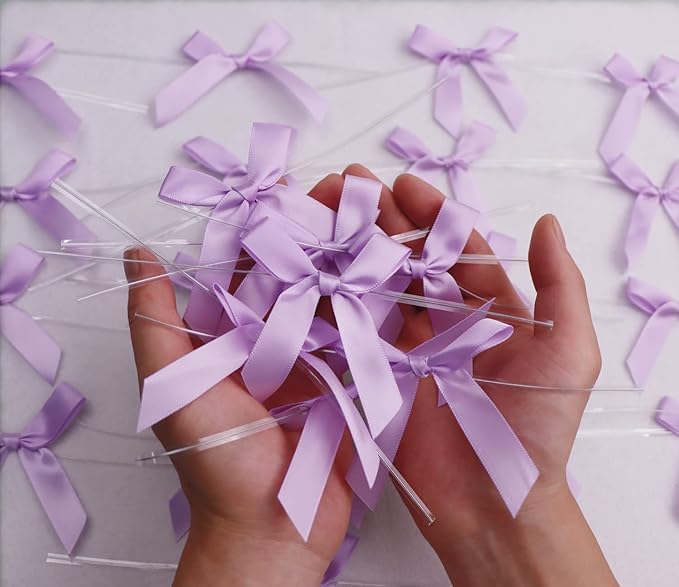 100 PCS 3 Inch Twist Bows for Treat Bags, Satin Twist Tie Bows, Pre Tied Bows with Wire, Ribbon Bows with Twist Ties for Gift Bags, Popcorn Bags, Cookie Bags, Party Favors(Light Purple)