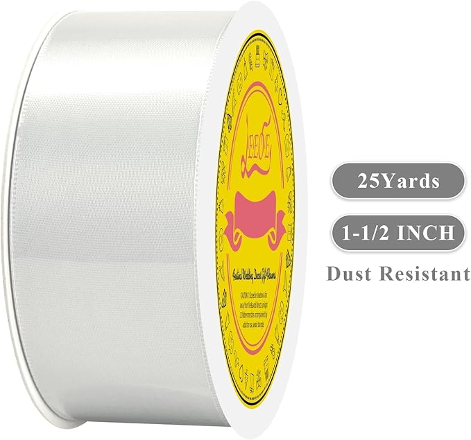 Double Face Off White Satin Ribbon 1-1/2 inch X 25 Yards Polyester Off White Ribbon for Gift Wrapping Very Suitable for Weddings Party Hair Bow Invitation Decorations and More