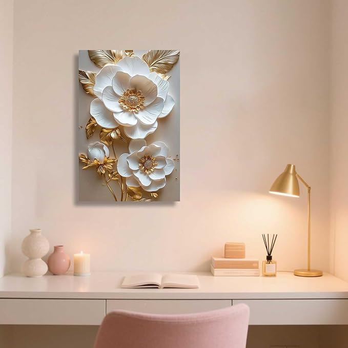 ZSHARTSWD Abstract White & Gold Floral Canvas Wall Art Elegant Flowers Pictures Prints White Flower Golden Leaves Painting Living Room Bathroom Decor Framed (Gold, 42L x 28W)