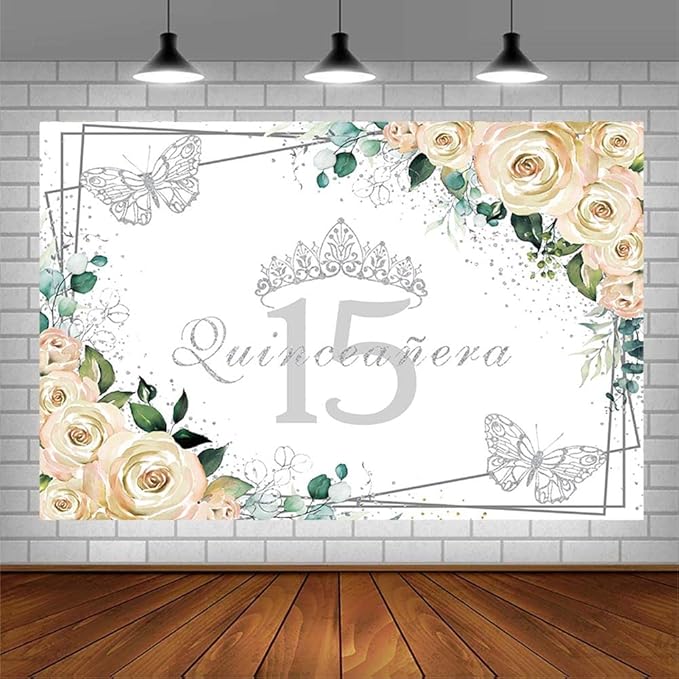 SENDY 10x7ft Quinceañera Backdrop Mis Quince 15 Anos Birthday Party Decorations Supplies for Girl Princess White Floral Silver Crown Butterfly Photography Background Banner Photo Booth Studio Props