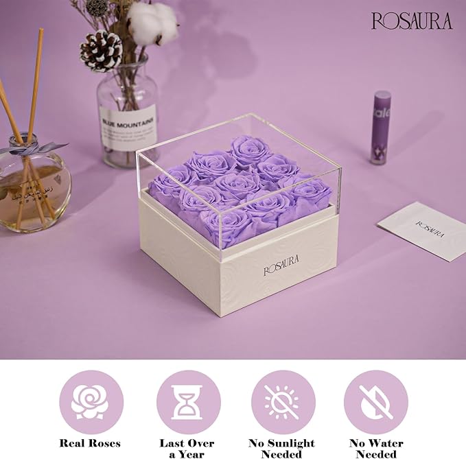Rosaura Square Preserved Roses Gift Box - Real Forever Flowers in Clear Acrylic Lid, Valentine's for Women (Light Purple, 9 Roses)