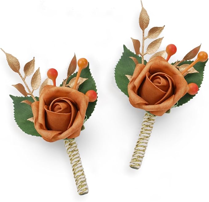 TINGE TIME Boutonniere for Men Wedding,Groom and Best Man Boutonniere for Wedding Ceremony Anniversary, Formal Dinner Party and Rustic Spring Wedding Marriage (2, BurntOrange)