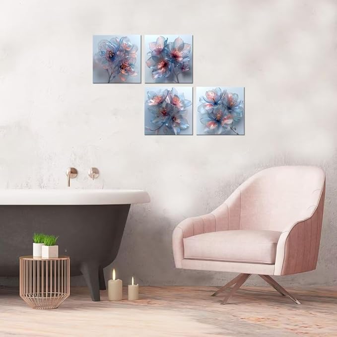 Pankila Abstract Flower Wall Art Blooming Flowers Pictures Canvas Prints Blue Pink Flower Wall Decor for Living Room Bedroom Bathroom Home Decorations Painting Framed Artwork (16''W x 16''H x 4)