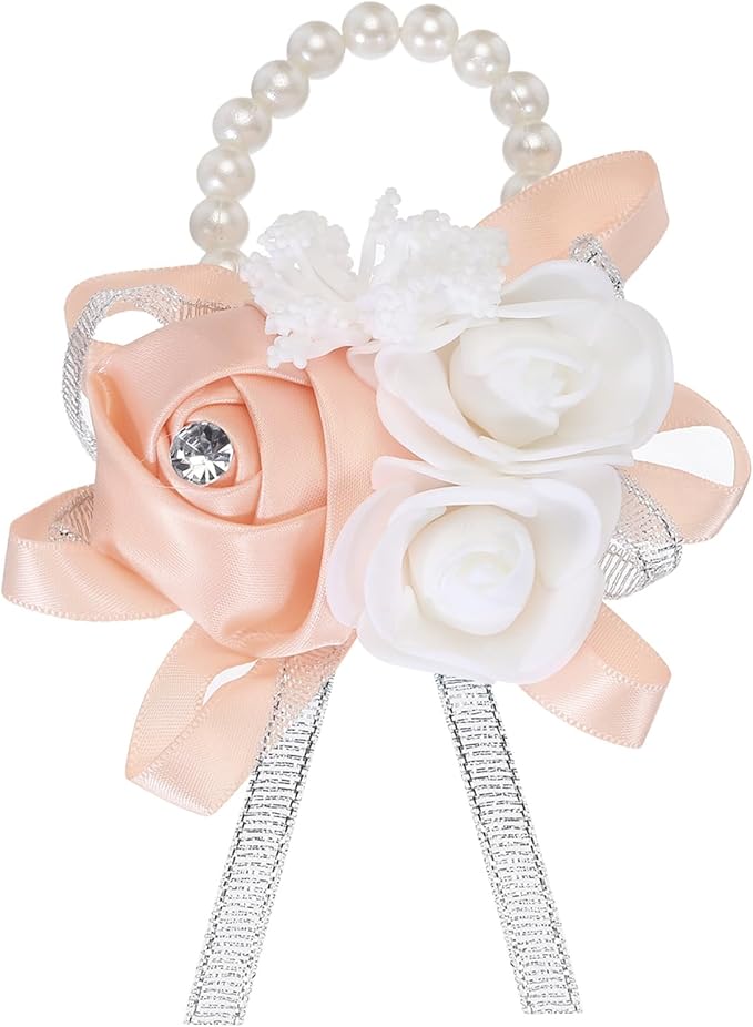 MECCANIXITY Wrist Corsage Artificial Flower Bracelets Rose Wrist Bride Groom Decorative for Wedding Ceremony Prom Party Anniversary Light Orange