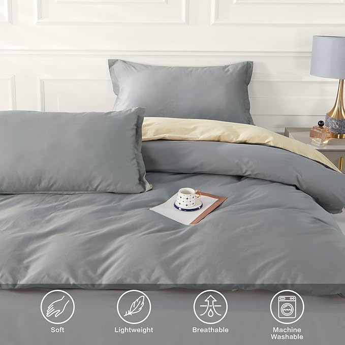 SAPHREAS Grey Duvet Cover Twin Size 2 Pieces Extra Soft 100% Cotton Bedding Set for Kids & Adults, Includes 1 Duvet Cover 68"x90" with Zipper Closure & 1 Pillow Sham, Comforter Not Included