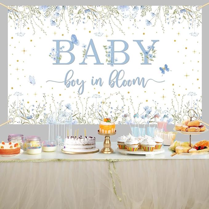 Baby Boy in Bloom Backdrop for Boys Wildflower Baby in Bloom Baby Shower Decorations Banner Blue Floral Photography Background Cake Table Decor Supplies Photo Booth Prop 70.8 x 43.3 inch