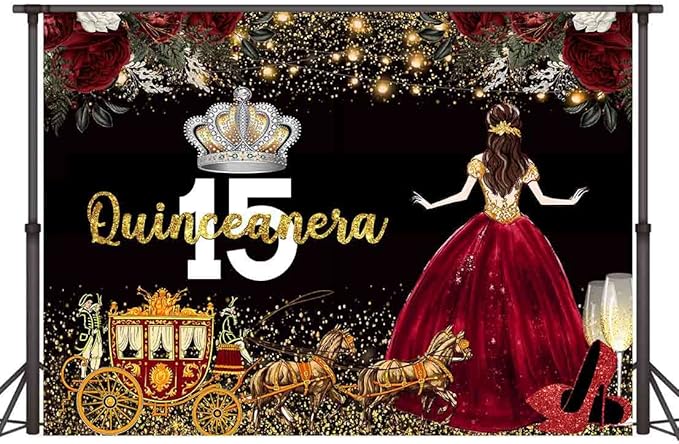 Red Dress Rose Flower Backdrops Quinceanera Birthday Backdrop for Girl Princess Happy 15th Bday Carriage Photography Props Cake Table Banner 5x3ft RBJLSLU32