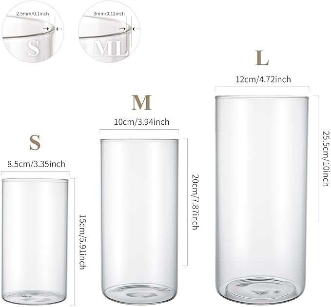 Hurricane Glass Candle Holder Clear Cylinder Vases, Pillar Candle Holders for Floating Candles Table Centerpiece Modern Vases for Weeding Centerpieces Decoration Party Home Decor (1 Set, S+M+L)