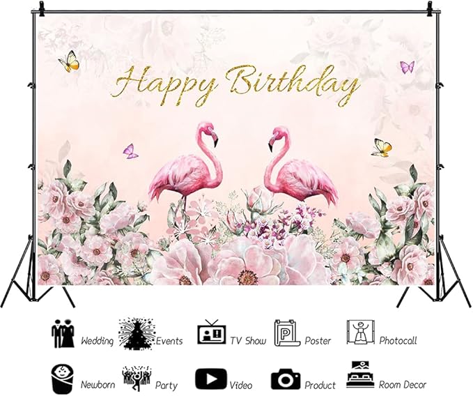 Renaiss 9x6ft Happy Birthday Backdrop Pink Flamingo Theme Birthday Party Photography Background for Girls Daughter Flower Butterfly Cake Table Banner Decor Studio Portrait Pink Photo Props