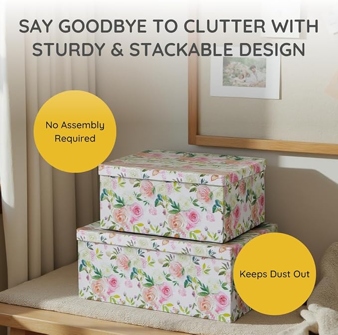 Soul & Lane Decorative Storage Cardboard Boxes with Lids | Summer Rose - Set of 3 | Floral Paperboard Nesting Boxes