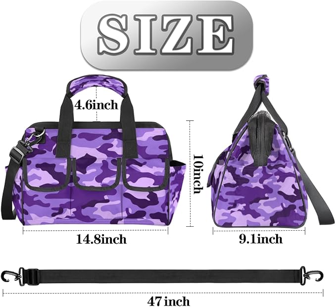 Purple Camouflage Tool Bag for Men Women Multi-Pockets Wide Mouth Tool Storage Bags 14.8 Inch Waterproof Heavy Duty Tool Bag Organizer for Electrician Mechanic Plumbers Handymen