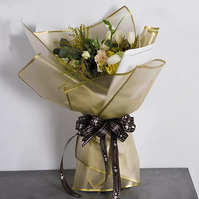 WRAPAHOLIC 20 Sheets Flower Wrapping Paper - 22.4 x 22.4 inch Gold Border Water-Resistant Floral Bouquet Wrapping Paper for Wedding Birthday Gift DIY