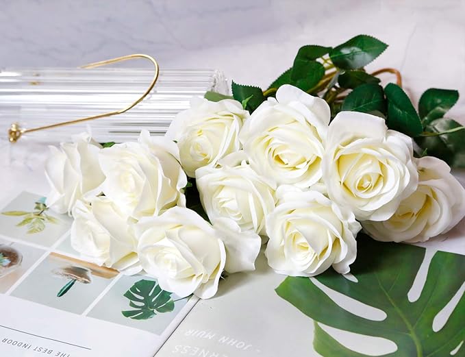 DuHouse 10pcs Fake Roses Artificial Silk Flowers Faux Rose Flower Long Stems Bouquet for Arrangement Wedding Centerpiece Party Home Kitchen Decor(Ivory-White Long Stem)