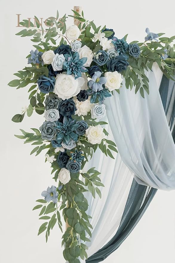 Ling's moment Wedding Arch Flowers with Sheer Drapes Kit - Artificial Dusty Blue and Navy Floral Arrangements for Ceremony Backdrop, Arbor Decor, 5-Piece Set (2 Flower Stems + 3 Hanging Drapes)