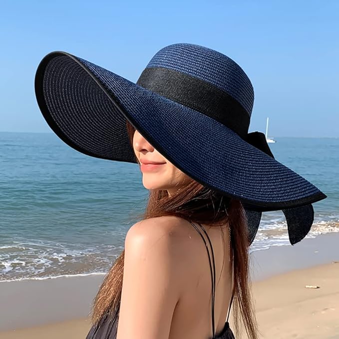 DRESHOW Beach Hats for Women Big Straw Wide Brim Summer Hat Floppy Foldable Roll up Cap Sun Hat UPF 50+