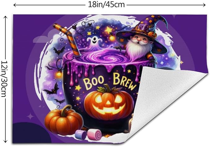 PVC Placemats Set of 1 Wipeable Table Mats Washable Heat Resistant Non Slip Vinyl Dining Table Mat for Kitchen Indoor Outdoor Patio Farmhouse Place Mats Purple Halloween Magic Cauldron Decorative