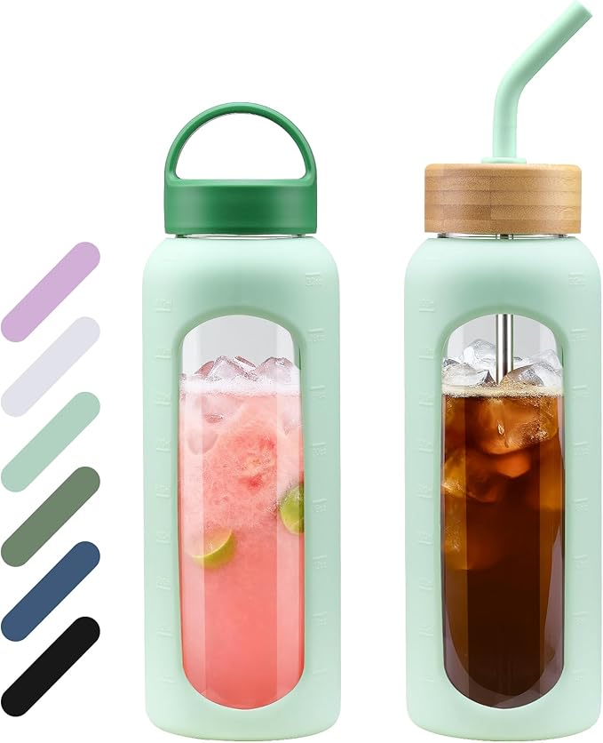 32 oz Glass Water Bottle, 1 Liter Glass Tumbler with Straw, Reusable Drinking Bottles with 2 Lids-Handle Lid&Bamboo Straw Lid, Silicone Sleeve, for Sports, Home,1 Pack-Mustard