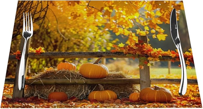 PVC Placemats Set of 4 Wipeable Table Mats Washable Heat Resistant Non Slip Vinyl Dining Table Mat for Kitchen Indoor Outdoor Patio Farmhouse Place Mats Autumn Pumpkin Maple Decorative