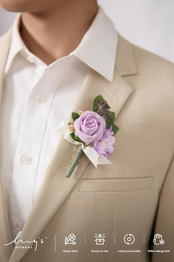 Ling's Moment Boutonniere for Men, 10pcs Groomsmen Guest Boutonniere, Artificial Flowers for Wedding Décor/Prom/Homecoming,etc.Purple Lilac
