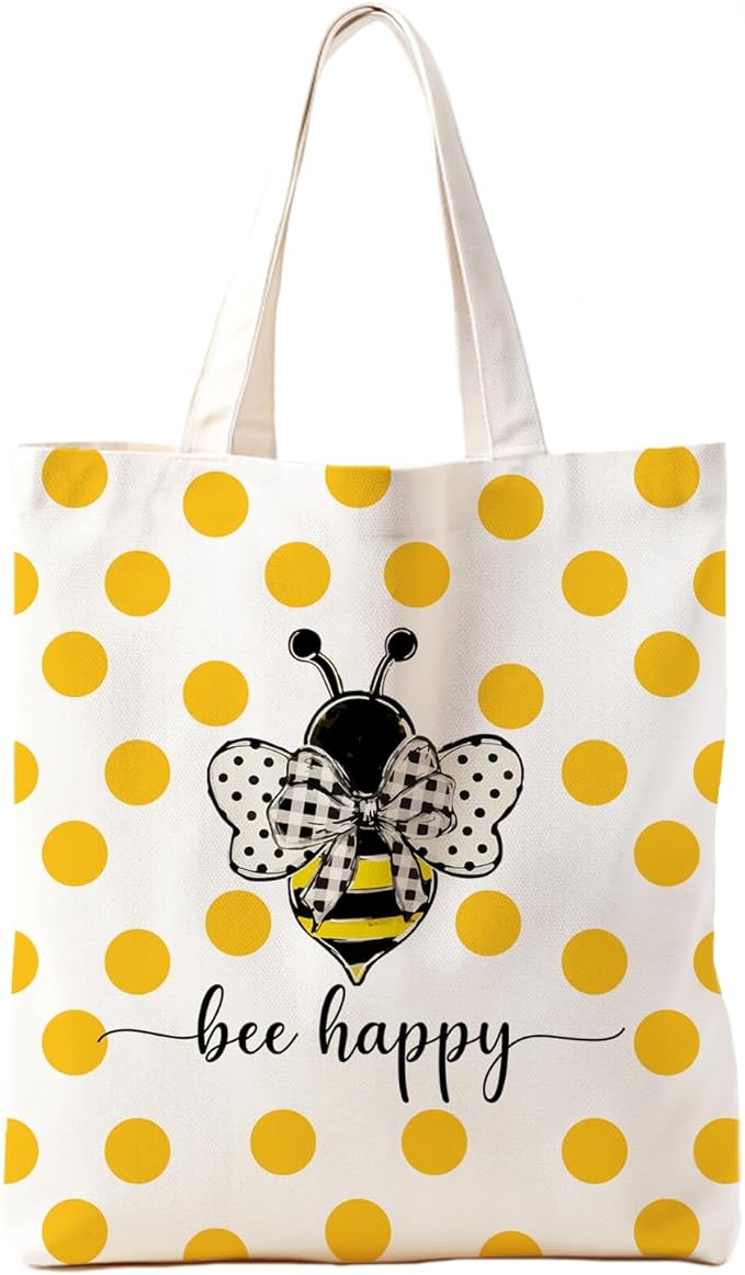 Bee Happy Canvas Tote Bag, Inspirational Bee Gifts for Women Bee Lovers, Summer Bee Tote Bag for Women, Reusable Grocery Bags Shopping Bags, White, 140GA-TTBA-sunmerbee