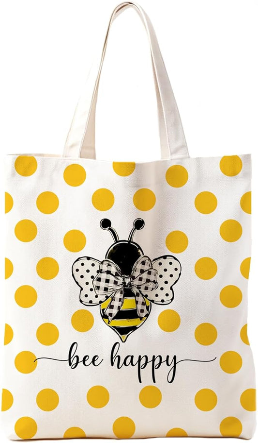 Bee Happy Canvas Tote Bag, Inspirational Bee Gifts for Women Bee Lovers, Summer Bee Tote Bag for Women, Reusable Grocery Bags Shopping Bags, White, 140GA-TTBA-sunmerbee