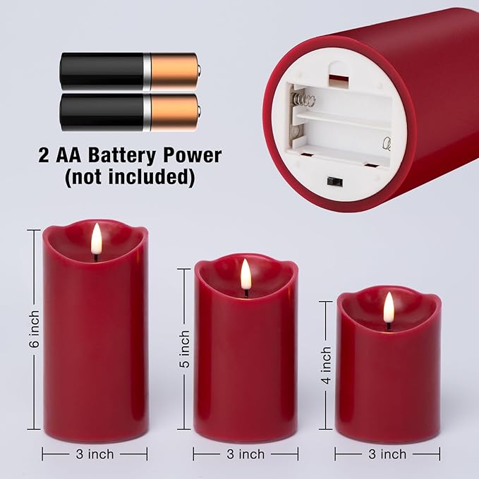 Eywamage Red Flameless LED Pillar Candles with Remote, Real Wax Flickering Christmas Candles Battery Operated Set of 3