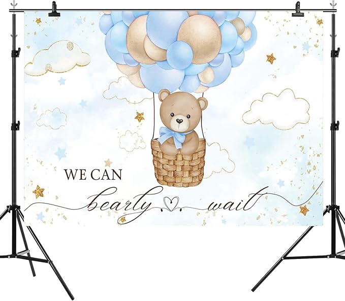 12x8ft Baby Shower Backdrop Bear Hot Air Balloon Photography Background Blue Brown Balloons White Cloud Glitter Gold Stars Birthday Party Banner Decorations Newborn Parties Photo Booth Prop