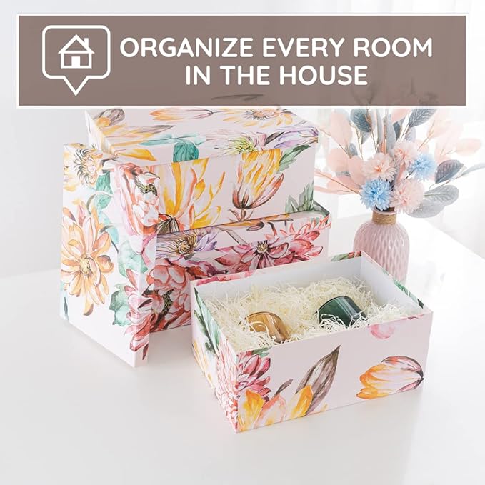 Soul & Lane Decorative Cardboard Storage Boxes with Lids for Home Decor and Organization, Set of 3 Large Keepsake Boxes for Memories & Gifts, Nesting Floral Photo Storage Containers, Beauty in Bloom