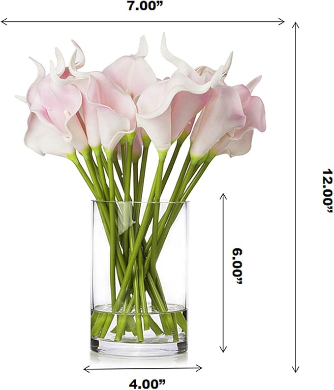 ENOVA HOME 20 Pieces Artificial Real Touch Lilies Flower Arrangement in Glass Vase with Faux Water for Home Decoration (Pink)