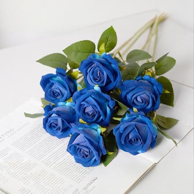 Jasion 12PCS Artificial Roses Realistic Velvet Silk Flowers Long Stem Faux Flowers Bouquet for Wedding Home Party Table Centerpieces Decorations (Blue)