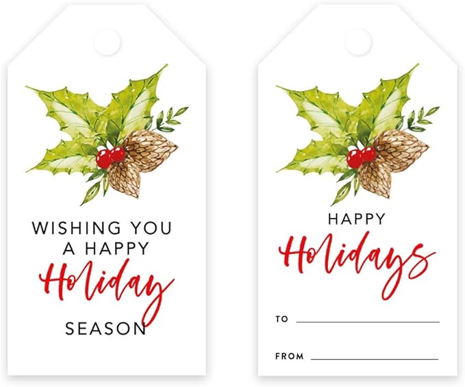Andaz Press Christmas Holiday Season Classic Gift Tags, Happy Holidays to from and Wishing You A Happy Holiday Season, Holly Leaf Design, for Holiday Events, Parties, and Favors, 60-Pack