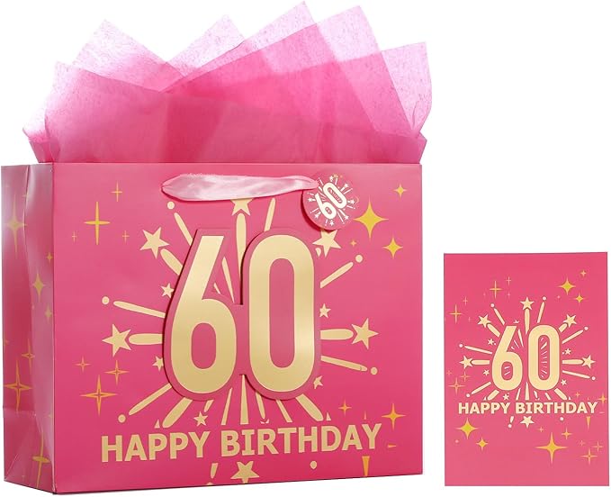 Bloomwords 60th Birthday Gift Bag Set with Card & Tissue – 13" Elegant Keepsake Party Bags for Unisex Anniversaries, Gift Wrapping & Celebrations(Pink)